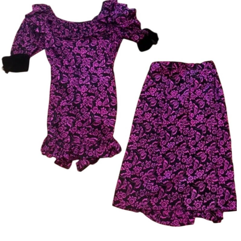 Vintage Oscar de la Renta Butterfly Floral Print Silk Shirt Skirt Set 10